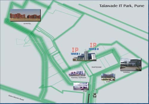 A map of Talawade IT Park in Pune, India, showcasing the layout of various buildings and roads within the park. The map features green outlines for roads and property boundaries on a light blue background. Several key locations are marked with their names and small inset images of the actual buildings. These include 