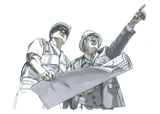 Two men in hard hats and business attire review a large blueprint. One man points upwards with his right hand while holding the blueprint with his left. The other man looks up in the same direction, holding the other end of the blueprint.